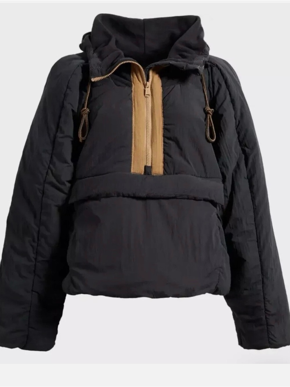 Free People FP Movement Black Puffer Anorak with Tan Zip Trim